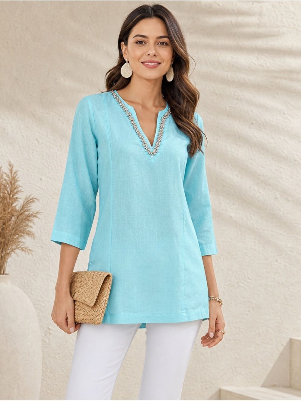 Malvin Linen 3/4 Sleeve Embellished Neckline Tunic Top In Aqua Size S